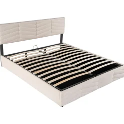 Lit 180x200 cm avec coffre, tête de lit réglable (5 cm) et revêtement velours beige, style élégant