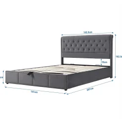 Lit 140x200 cm avec coffre, tête de lit capitonnée en velours gris et banc-coffre assorti, design élégant