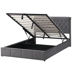 Lit 140x200 cm avec coffre, tête de lit capitonnée en velours gris et banc-coffre assorti, design élégant