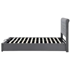 Lit 140x200 cm avec coffre, tête de lit capitonnée en velours gris et banc-coffre assorti, design élégant