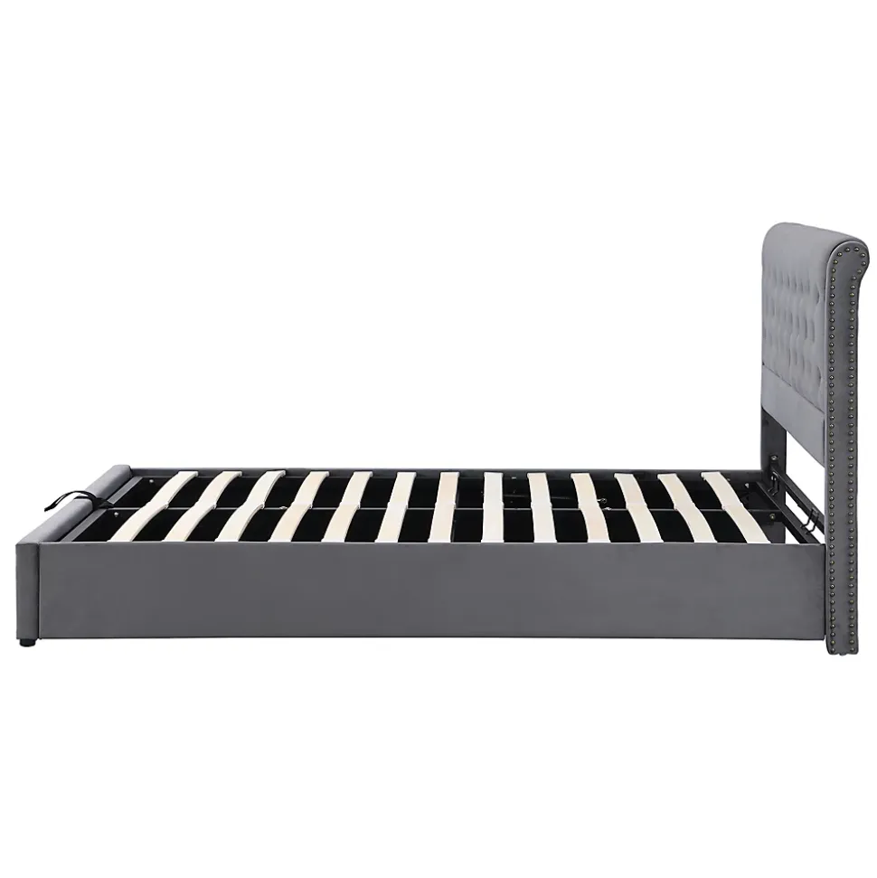 Lit 140x200 cm avec coffre, tête de lit capitonnée en velours gris et banc-coffre assorti, design élégant