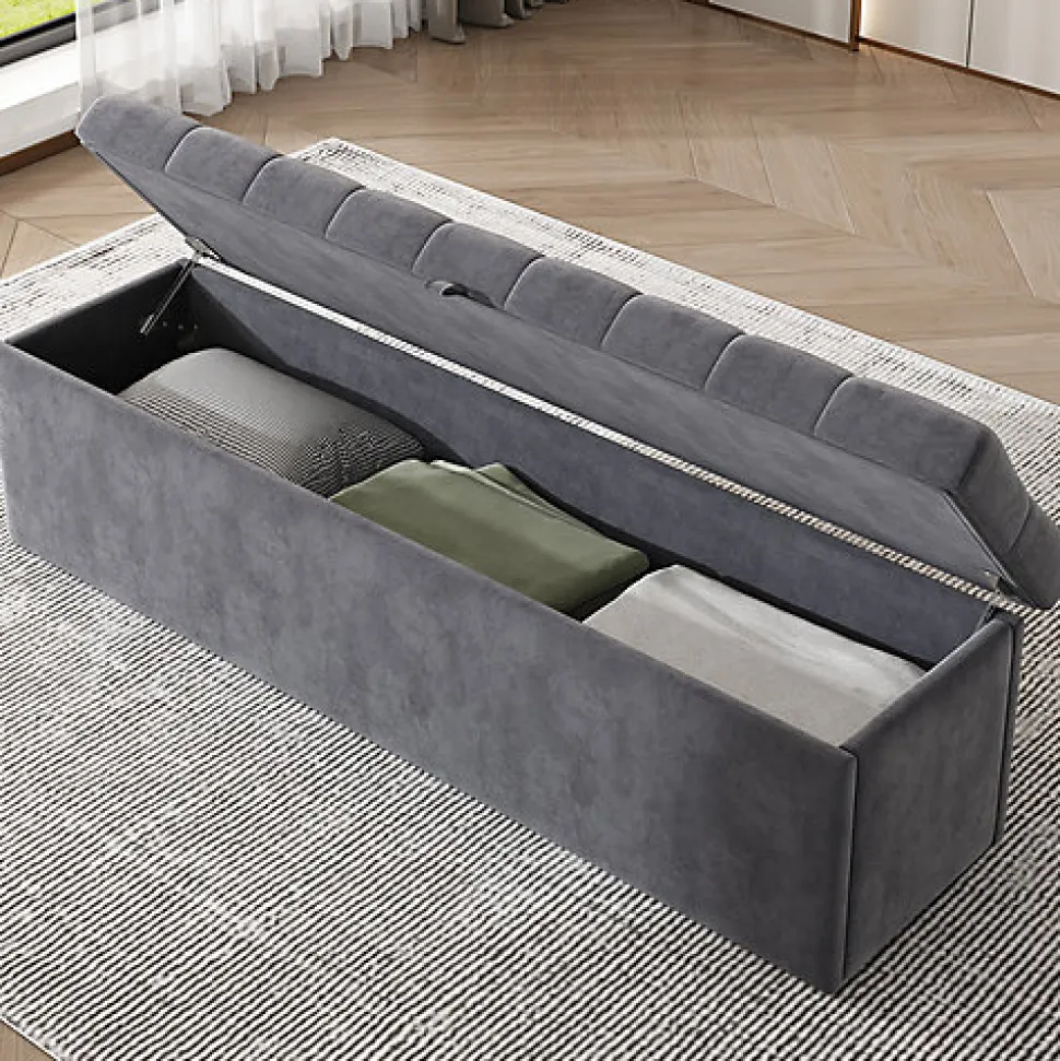 Lit 140x200 cm avec coffre, tête de lit capitonnée en velours gris et banc-coffre assorti, design élégant