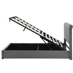 Lit 140x200 cm avec coffre, tête de lit capitonnée en velours gris et banc-coffre assorti, design élégant