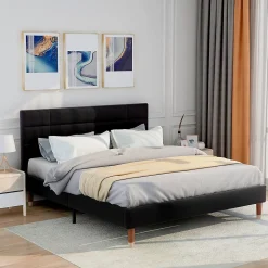 Lit 140x200 cm avec espace de rangement sous le sommier et tête de lit rembourrée en lin noir