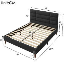 Lit 140x200 cm avec espace de rangement sous le sommier et tête de lit rembourrée en lin noir