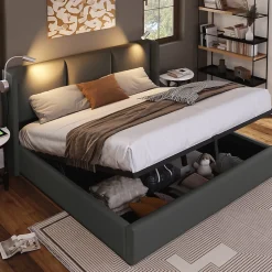 Lit 160x200 cm avec grand rangement et tête de lit équipée d'une liseuse orientable et prise USB, PU gris