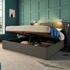 Lit 160x200 cm avec grand rangement et tête de lit équipée d'une liseuse orientable et prise USB, PU gris