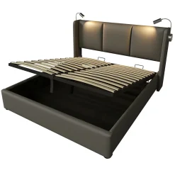 Lit 160x200 cm avec grand rangement et tête de lit équipée d'une liseuse orientable et prise USB, PU gris