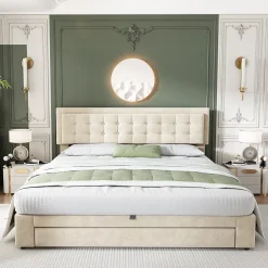 Lit 160x200 cm avec grand rangement hydraulique, tête de lit réglable en velours beige et pieds métal