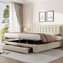 Lit 160x200 cm avec grand rangement hydraulique, tête de lit réglable en velours beige et pieds métal