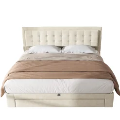 Lit 160x200 cm avec grand rangement hydraulique, tête de lit réglable en velours beige et pieds métal