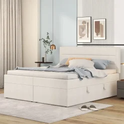 Lit 140x200 cm avec grand rangement, revêtement lin beige, cadre métal et structure bois massif, style minimaliste