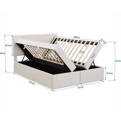 Lit 140x200 cm avec grand rangement, revêtement lin beige, cadre métal et structure bois massif, style minimaliste