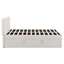 Lit 140x200 cm avec grand rangement, revêtement lin beige, cadre métal et structure bois massif, style minimaliste