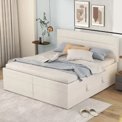 Lit 140x200 cm avec grand rangement, revêtement lin beige, cadre métal et structure bois massif, style minimaliste