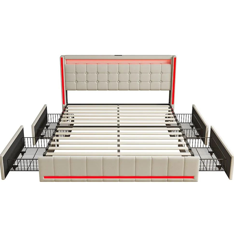 Lit 160x200 cm avec LED, 4 tiroirs, USB et Type-C, cadre en lin, pour adultes, beige