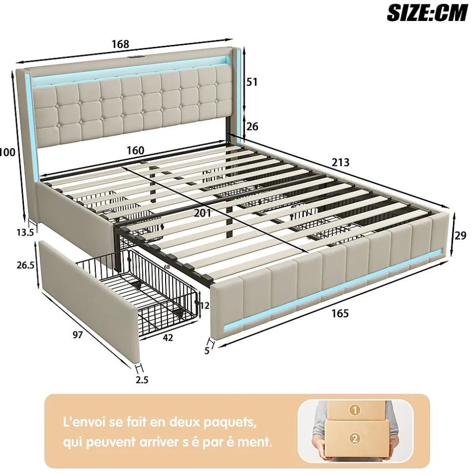 Lit 160x200 cm avec LED, 4 tiroirs, USB et Type-C, cadre en lin, pour adultes, beige