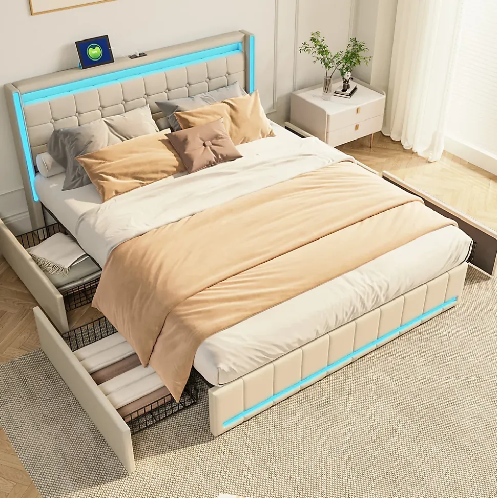 Lit 160x200 cm avec LED, 4 tiroirs, USB et Type-C, cadre en lin, pour adultes, beige