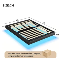 Lit 160x200 cm avec LED, cadre flottant, base en bois, PU noir, sans tête de lit, rangement