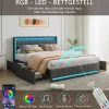 Lit 160x200 cm avec LED et ports USB Type C, lit Queen 160x200 cm avec sommier à lattes et 4 tiroirs, tissu en lin, gris foncé