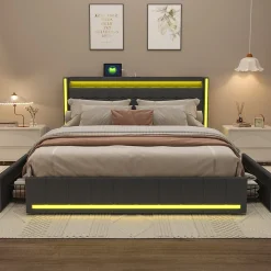 Lit 160x200 cm avec LED et ports USB Type C, lit Queen 160x200 cm avec sommier à lattes et 4 tiroirs, tissu en lin, gris foncé