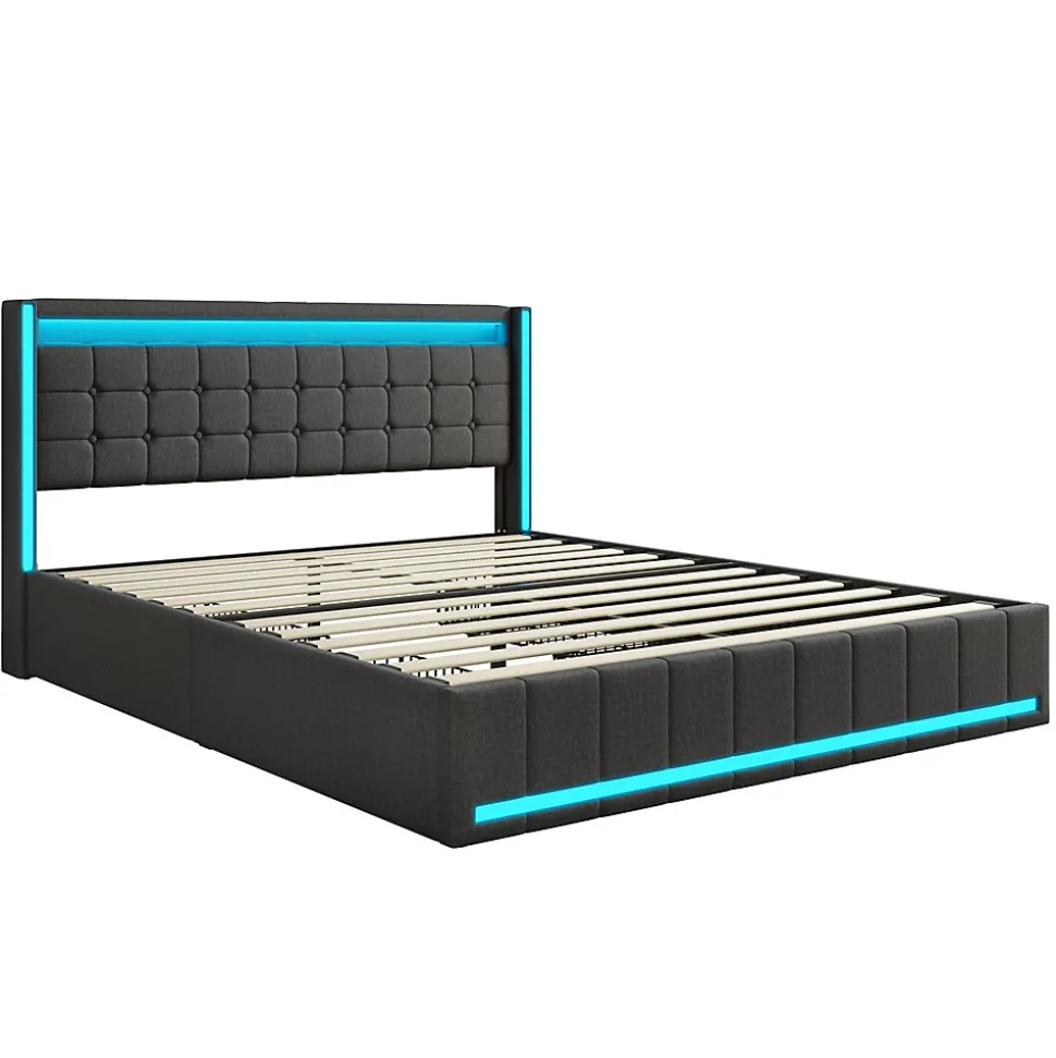 Lit 160x200 cm avec LED et ports USB Type C, lit Queen 160x200 cm avec sommier à lattes et 4 tiroirs, tissu en lin, gris foncé