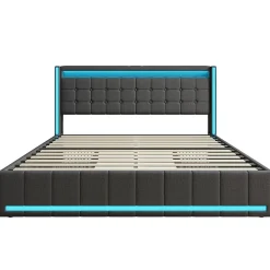 Lit 160x200 cm avec LED et ports USB Type C, lit Queen 160x200 cm avec sommier à lattes et 4 tiroirs, tissu en lin, gris foncé