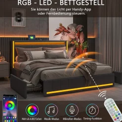 Lit 160x200 cm avec LED et ports USB Type C, lit Queen 160x200 cm avec sommier à lattes et 4 tiroirs, tissu en lin, gris foncé
