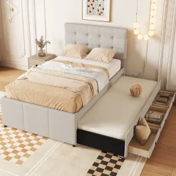 Lit 90x200 cm avec lit gigogne et 3 tiroirs, tête de lit réglable, tapissé lin beige, design minimaliste