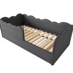 Lit 90x190 cm avec lit gigogne et dossier rembourré en lin gris, côtés modulables pour chambre d'enfant