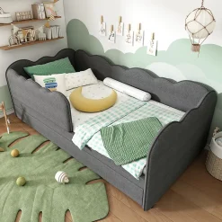 Lit 90x190 cm avec lit gigogne et dossier rembourré en lin gris, côtés modulables pour chambre d'enfant