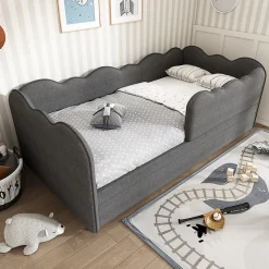 Lit 90x190 cm avec lit gigogne et dossier rembourré en lin gris, côtés modulables pour chambre d'enfant