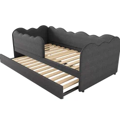 Lit 90x190 cm avec lit gigogne et dossier rembourré en lin gris, côtés modulables pour chambre d'enfant