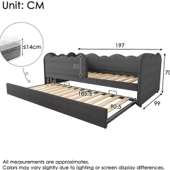 Lit 90x190 cm avec lit gigogne et dossier rembourré en lin gris, côtés modulables pour chambre d'enfant