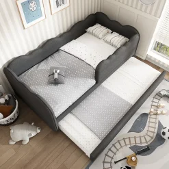 Lit 90x190 cm avec lit gigogne et dossier rembourré en lin gris, côtés modulables pour chambre d'enfant