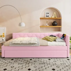 Lit 90x200 cm avec lit gigogne, revêtement velours rose et structure MDF, lampe de chevet intégrée