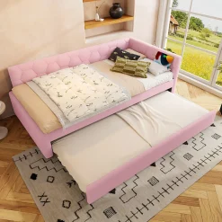 Lit 90x200 cm avec lit gigogne, revêtement velours rose et structure MDF, lampe de chevet intégrée