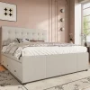Lit 140x200 cm avec lit gigogne, 3 tiroirs et tête de lit réglable, tapissé lin beige, style minimaliste