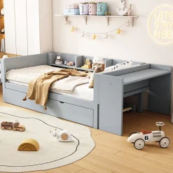 Lit 90x200 cm avec lit gigogne, bureau amovible et 3 étagères latérales, cadre pin massif et MDF, finition gris