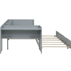 Lit 90x200 cm avec lit gigogne, bureau amovible et 3 étagères latérales, cadre pin massif et MDF, finition gris