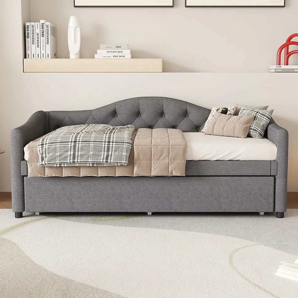 Lit 90x200 cm avec lit gigogne en lin et structure MDF, style minimaliste gris convertible en banquette