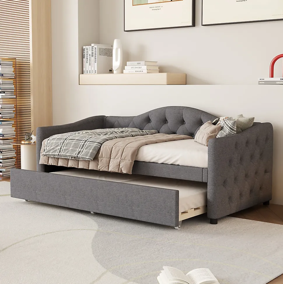 Lit 90x200 cm avec lit gigogne en lin et structure MDF, style minimaliste gris convertible en banquette