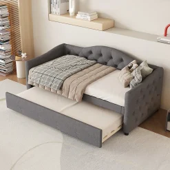 Lit 90x200 cm avec lit gigogne en lin et structure MDF, style minimaliste gris convertible en banquette