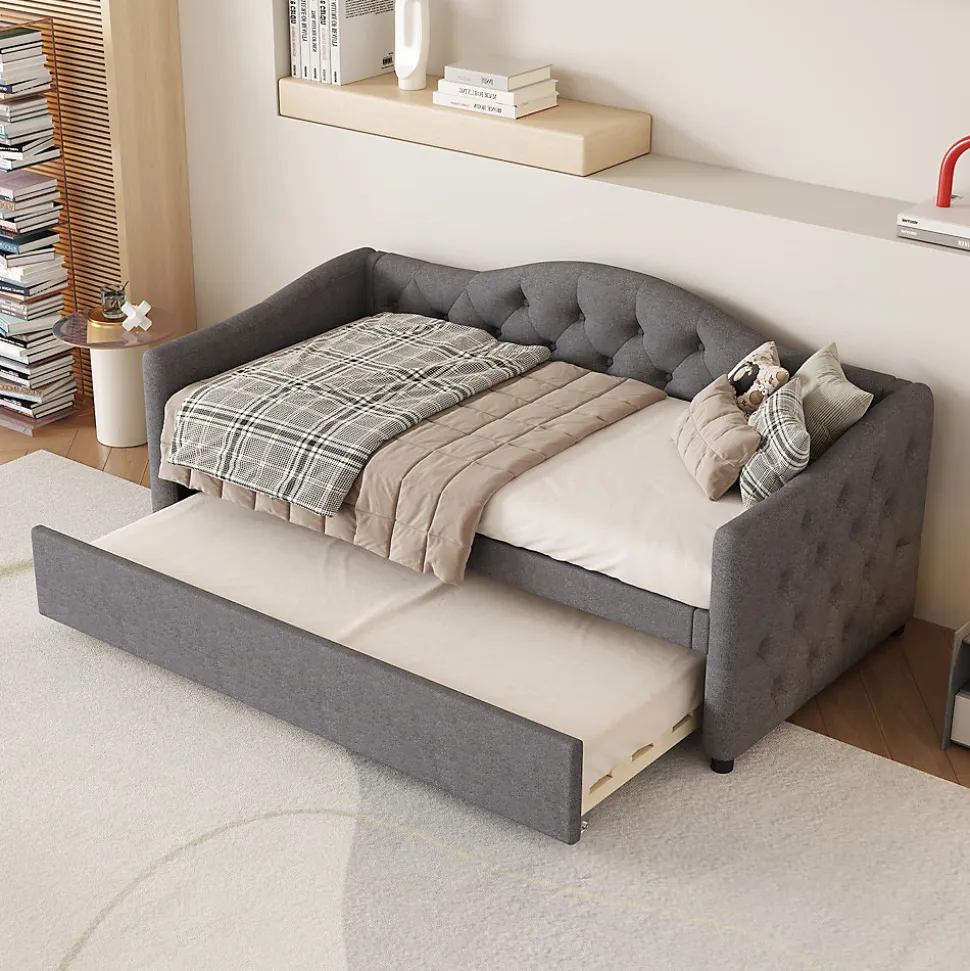 Lit 90x200 cm avec lit gigogne en lin et structure MDF, style minimaliste gris convertible en banquette