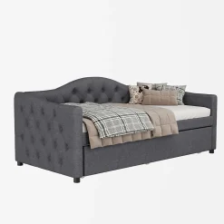 Lit 90x200 cm avec lit gigogne en lin et structure MDF, style minimaliste gris convertible en banquette