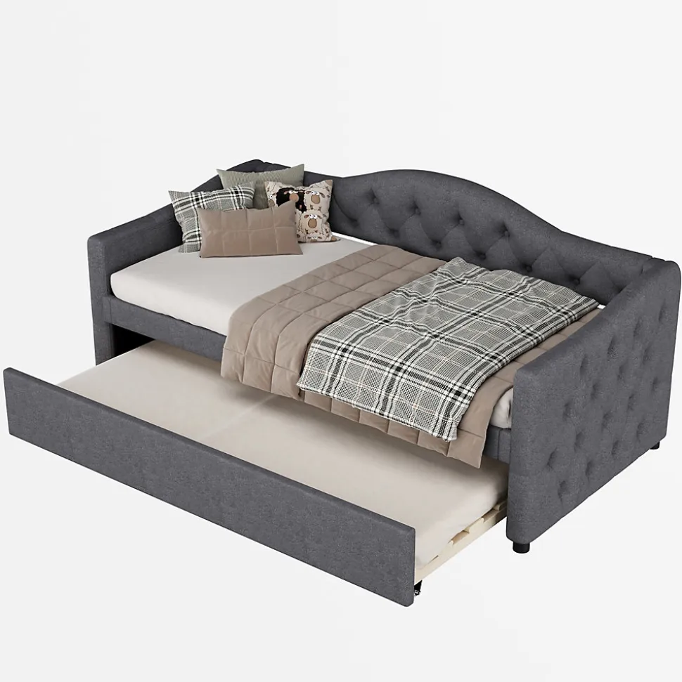 Lit 90x200 cm avec lit gigogne en lin et structure MDF, style minimaliste gris convertible en banquette