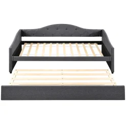 Lit 90x200 cm avec lit gigogne en lin et structure MDF, style minimaliste gris convertible en banquette