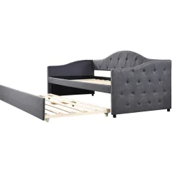 Lit 90x200 cm avec lit gigogne en lin et structure MDF, style minimaliste gris convertible en banquette