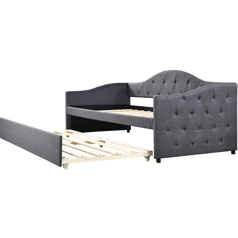 Lit 90x200 cm avec lit gigogne en lin et structure MDF, style minimaliste gris convertible en banquette