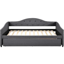 Lit 90x200 cm avec lit gigogne en lin et structure MDF, style minimaliste gris convertible en banquette